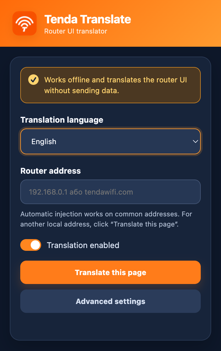 Tenda Translate extension popup with translation controls